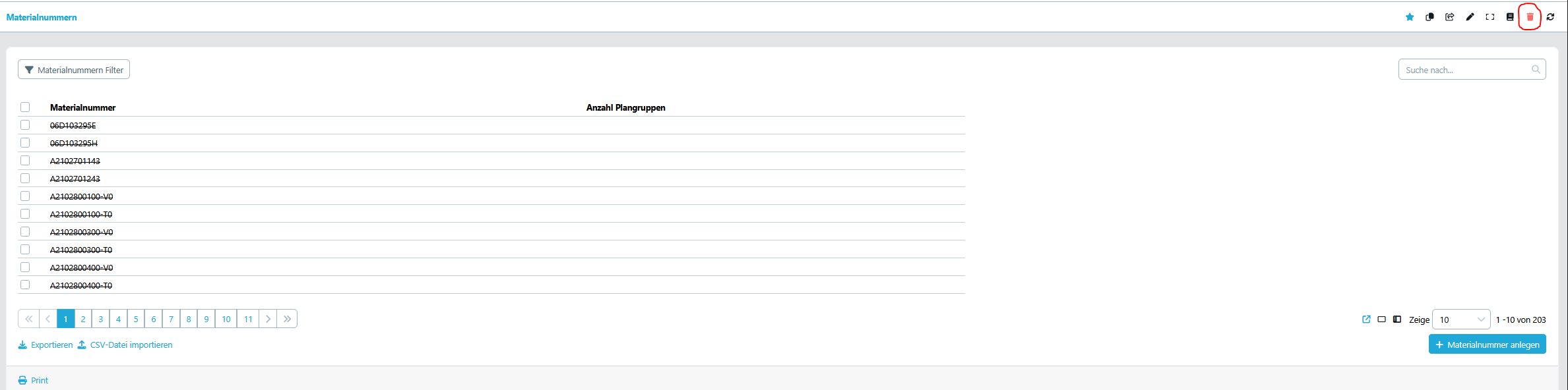 Deleted objects table and trash icon