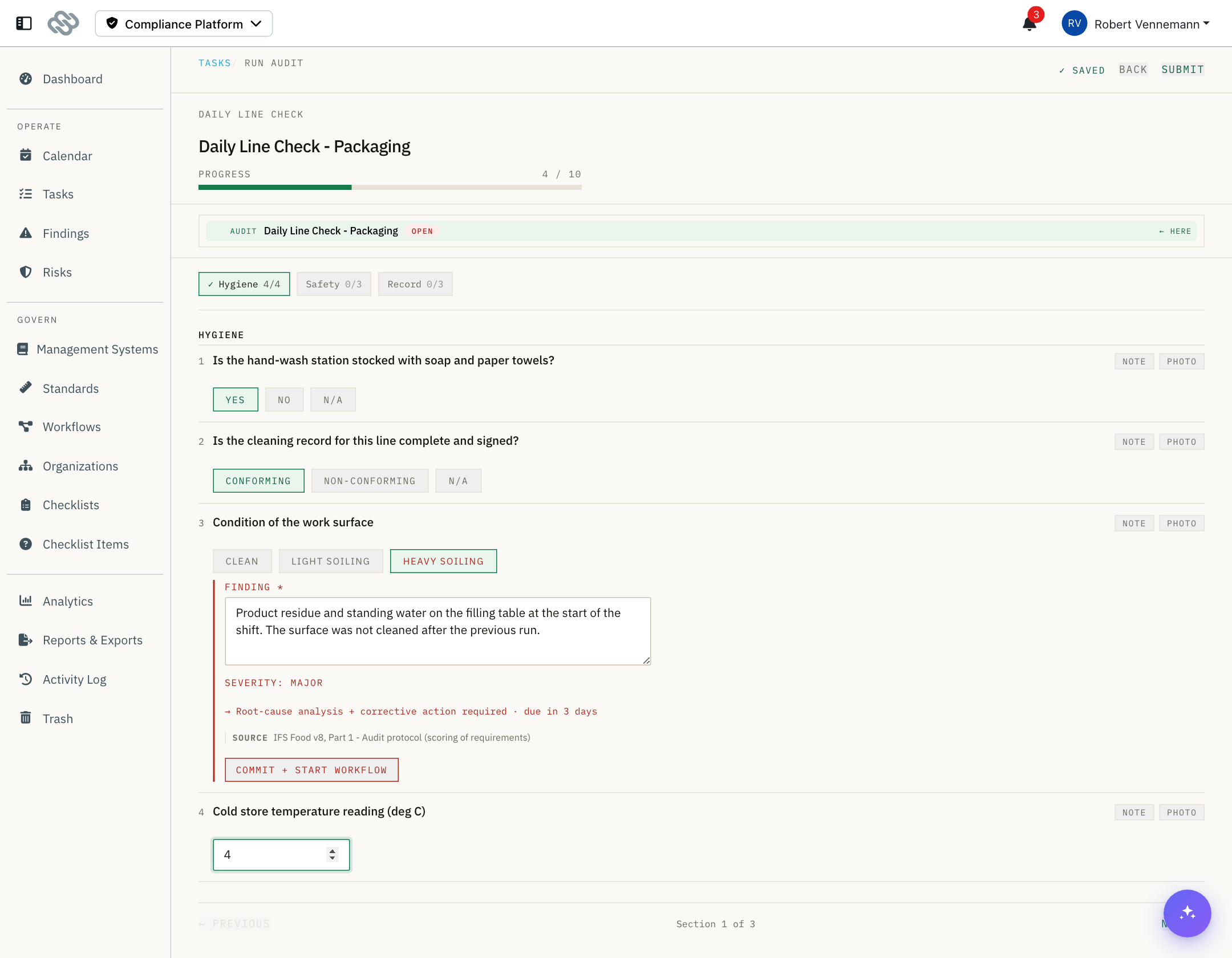 The audit runner with a failing answer and its finding panel open