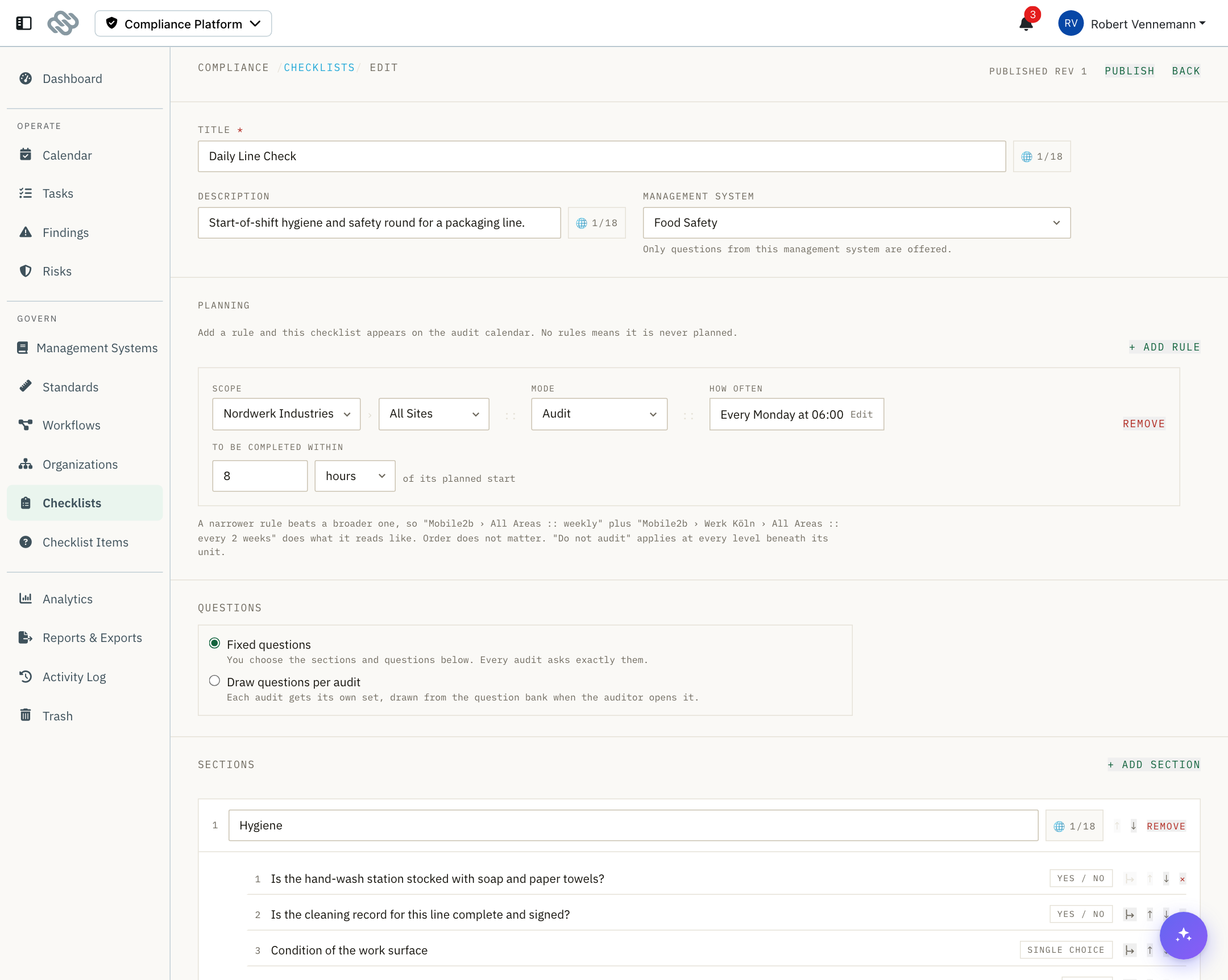 The checklist designer, showing the management system, a planning rule and the first section of questions