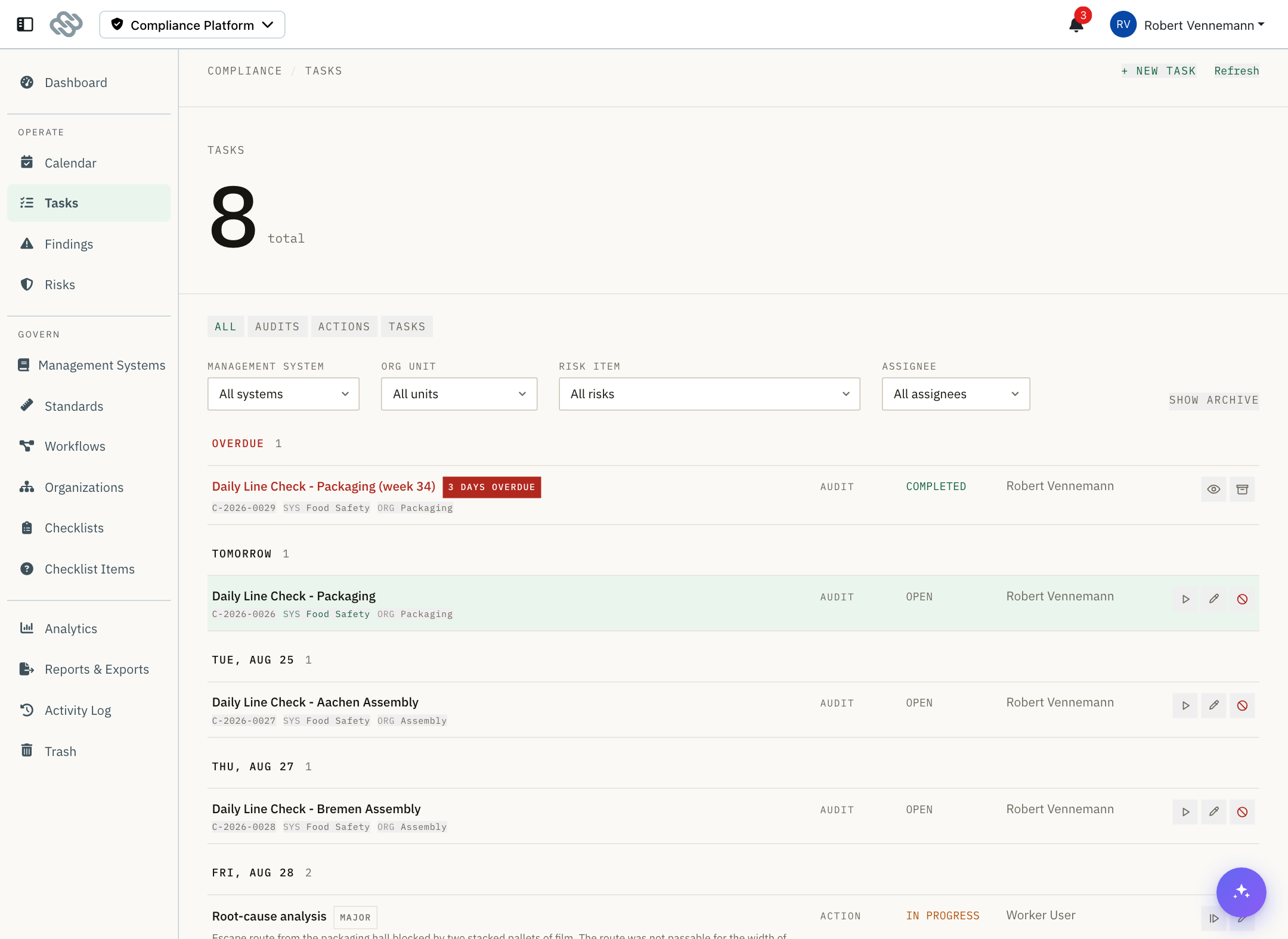 The task list grouped by due date, with type filters and relationship pills on each row