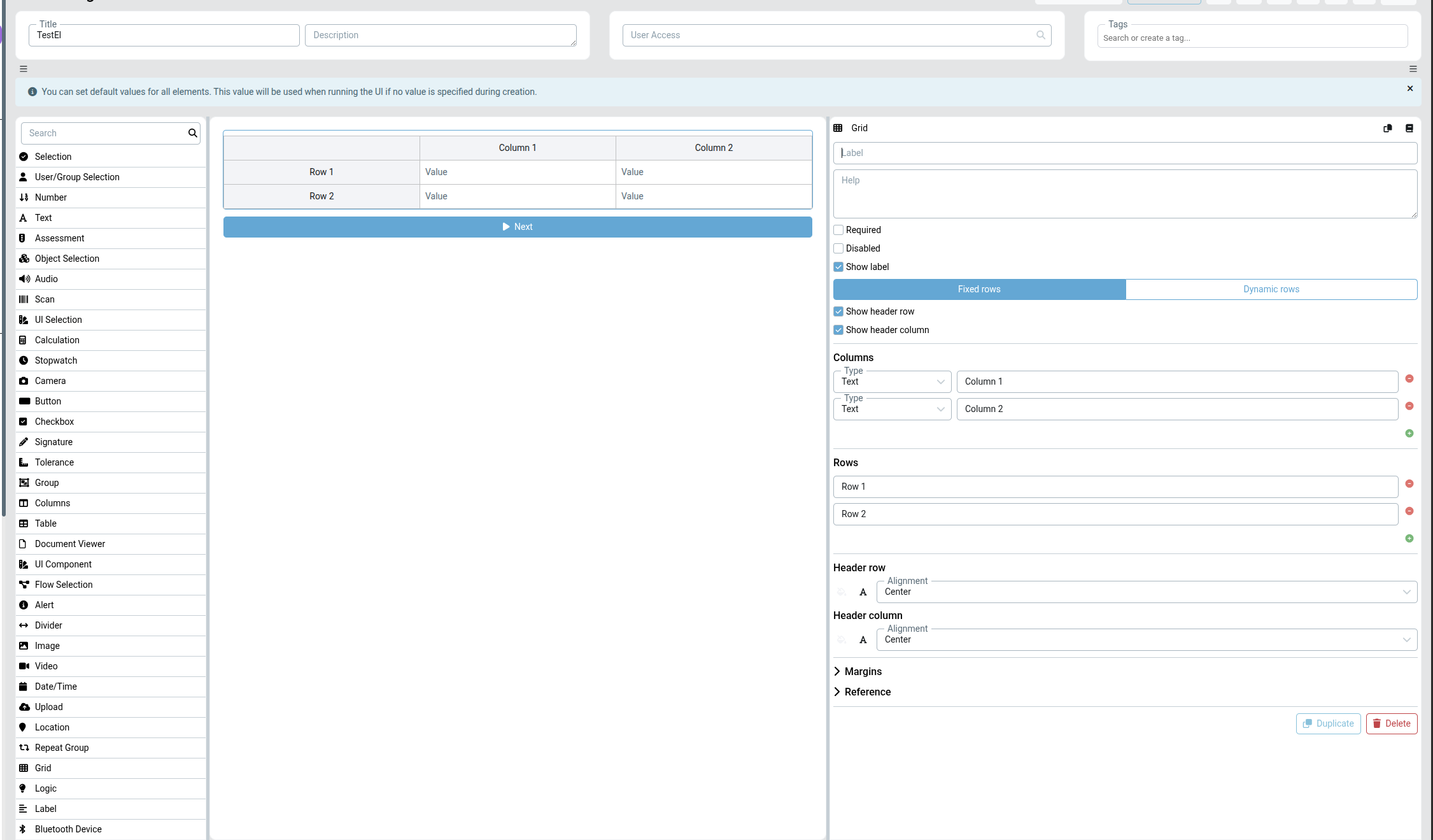 Grid element with two columns and two rows next to its settings panel