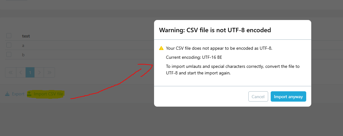 CSV import encoding warning modal