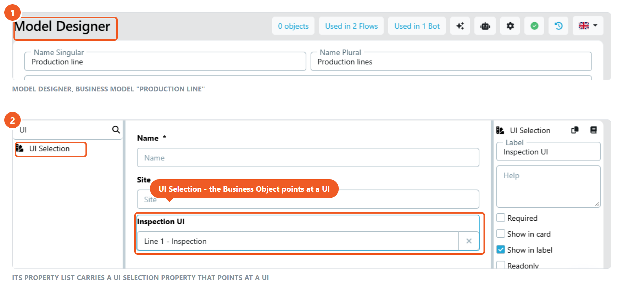 The Model Designer of the Business Model Production line, and below it the UI Selection entry in the property list with the property holding the inspection UI of line 1