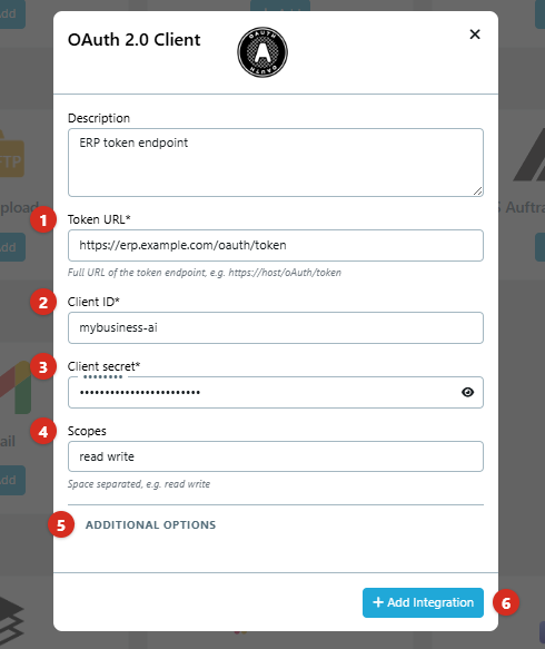 The OAuth 2.0 Client dialog