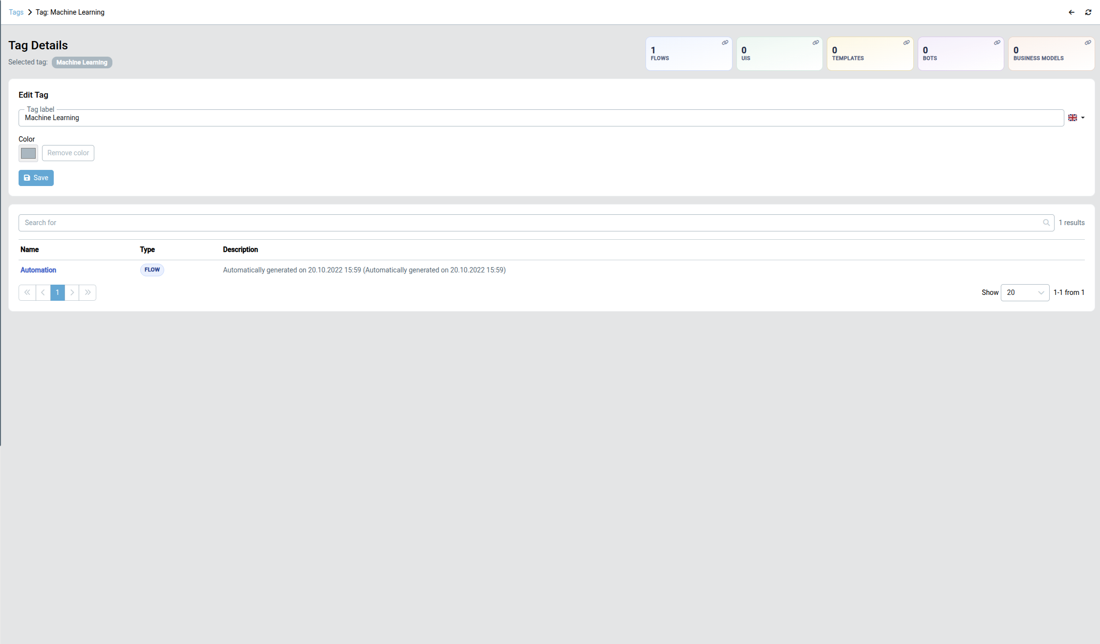 Tag detail page with the editable label and color, usage counts per entity type, and the list of items using the tag