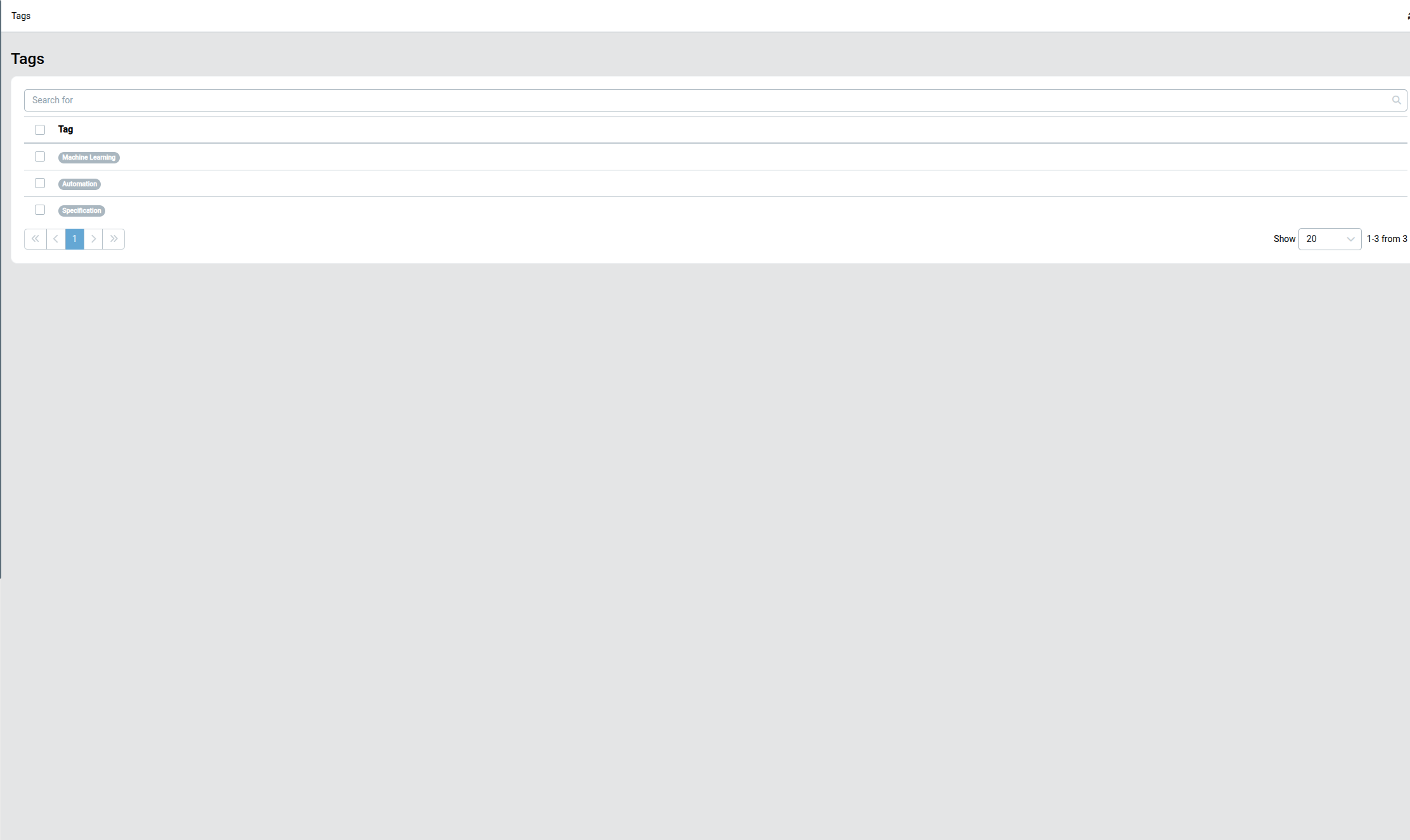 Tag overview listing every tag in the account, with a search field and a checkbox selection list