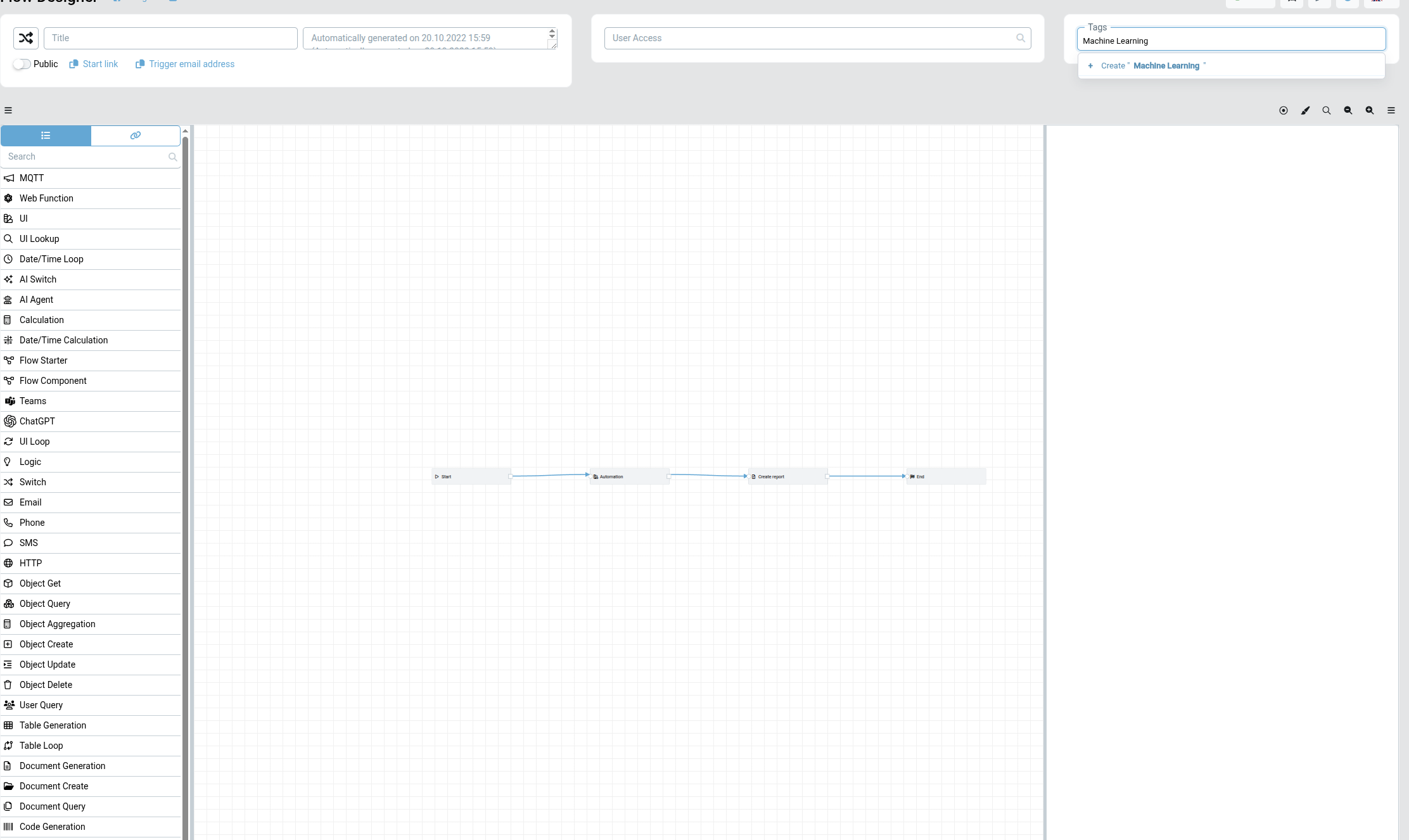 Tag picker in the Flow Designer showing type-ahead suggestions and a "Create" option for a new tag