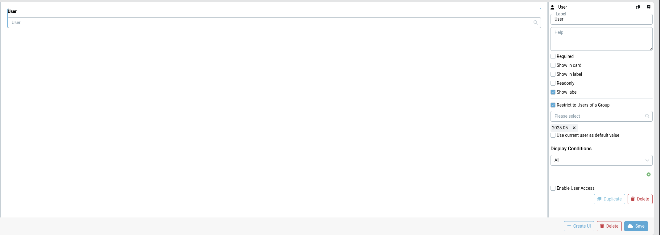 User property settings with "Restrict to Users of a Group" enabled and a group selected