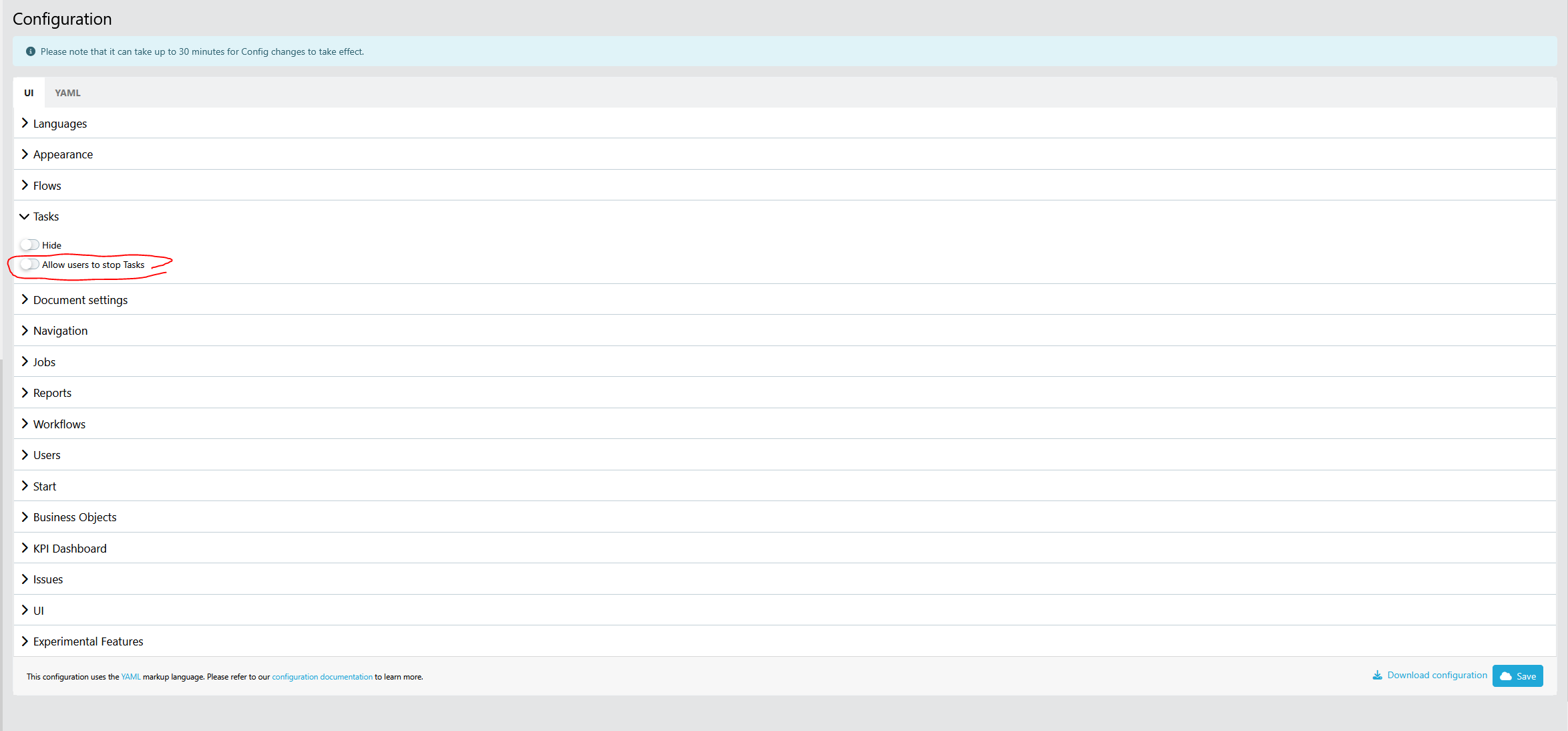 System Configuration setting: Allow users to stop tasks