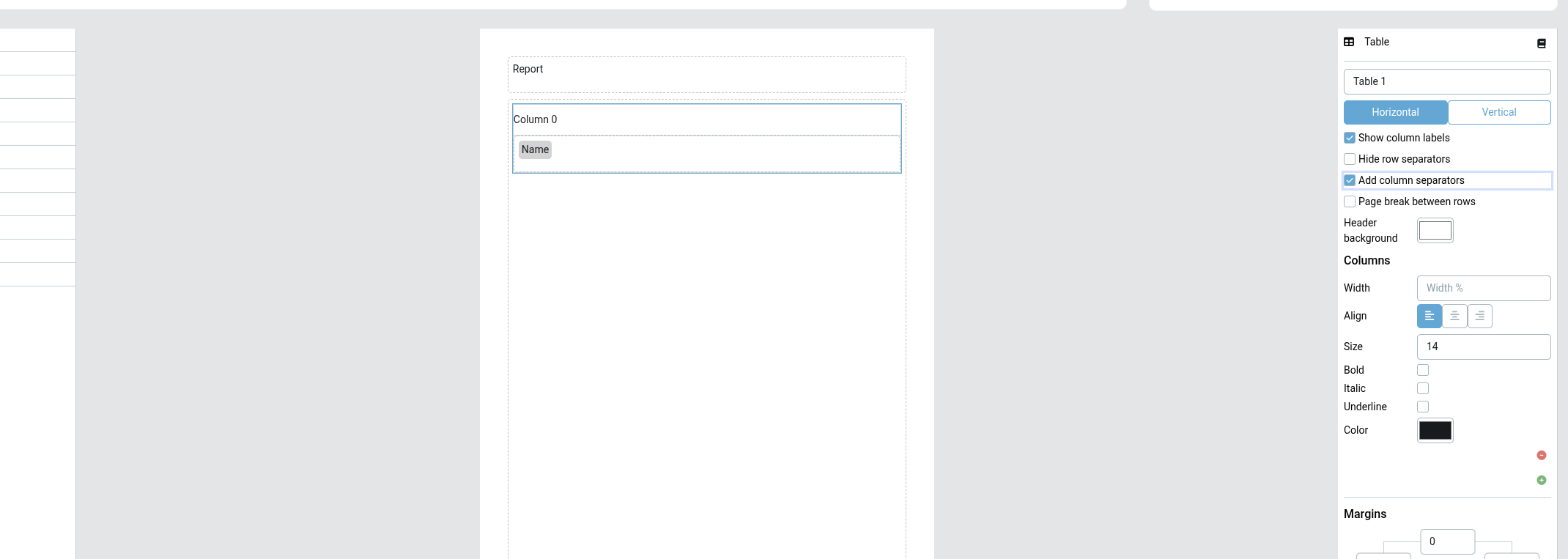 Table element settings with the "Add column separators" option enabled
