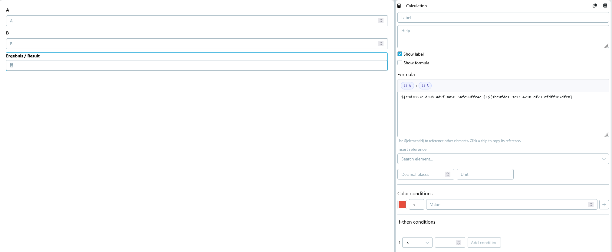 UI Designer setup with two number elements and formula