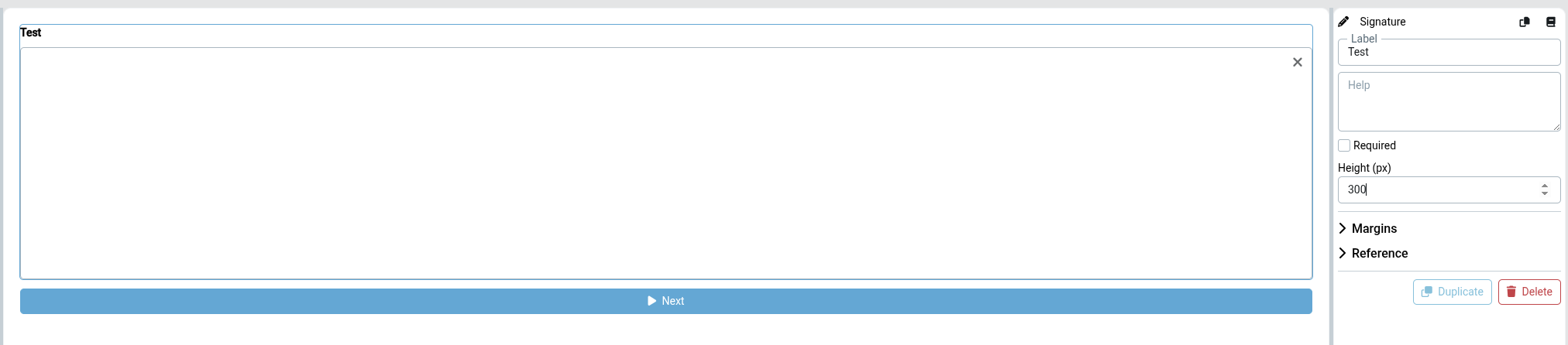 Signature element settings showing the configurable Height (px) option